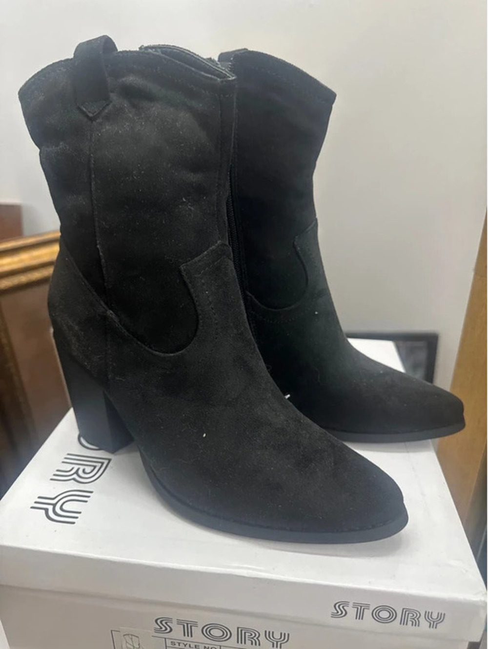 STORY Black Suede Western New with Tag Cowboy Ankle Boots Size 6